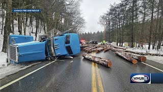 No injuries after a log truck rolls over in Jamaica, Vermont, authorities say