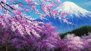 Bunga sakura di Lukisan Akrilik Gunung Fuji - LENGKAP