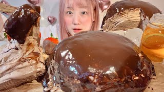 ASMR Шоколадный блинный торт【русские субтитры】【Mukbang/ Eating Sounds】