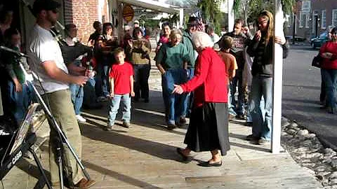 Mary Burge dancing the jig on Arrow Rock boardwalk...