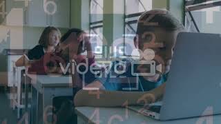 Animation of data processing and qr code over caucasian boy using laptop at school