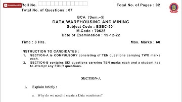 BCA 5TH SEM DATA WAREHOUSING AND MINING DEC 2022 | PTU