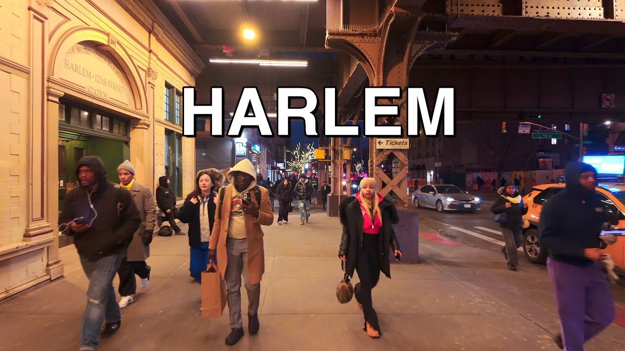 Harlem Night Walk. Sunset on 125th Street