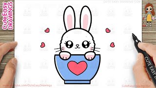 How to Draw Cute Bunny in Cup Easy Drawing and Coloring for Kids and Toddlers