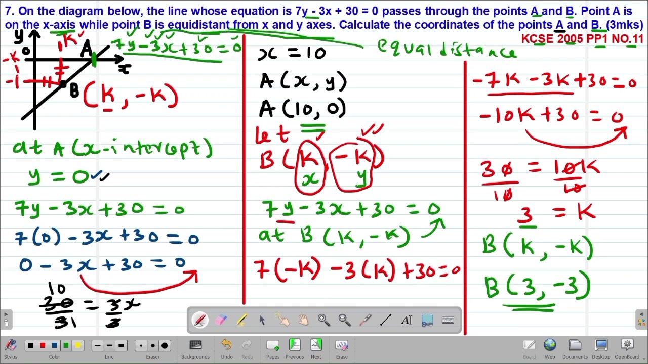 MATH: FORM2: EQUATIONS OF A STRAIGHT LINE: LESSON 9 (KCSE 2005 PP1 NO.11 )