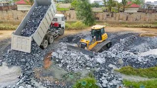 Best Incredible Bulldozer SHANTUI Pushing Big Stone into louts Lake with Many Dumps truck Unloading