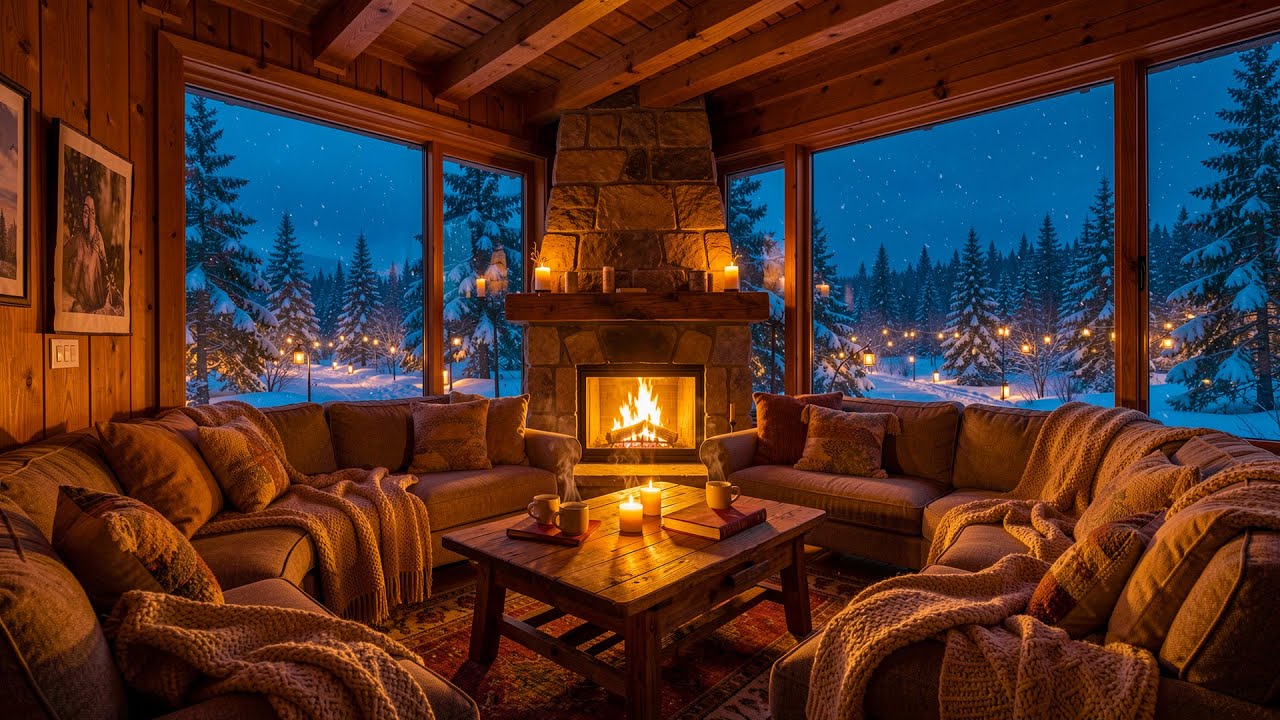 Cozy Winter Cabin Ambience ❄️ Relaxing Jazz with Gentle Snowfall & Fireplace Sounds to Study, Sleep