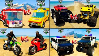 Lego Fire Truck vs Ambulance vs Lamborghini Monster Truck vs Motorbike vs Police Van - GTA 5 Cars