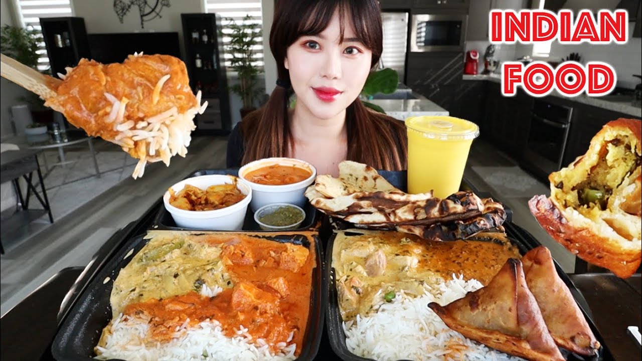 ИНДИЙСКАЯ ЕДА МУКБАНГ 먹방 (курица Тикка Масала, куриный перец, наан, манго ласси, даал, алоо гоби)