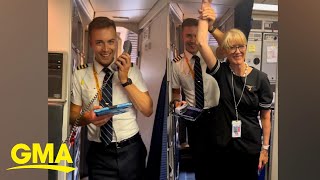 Watch this pilot thank his flight attendant mom during their 1st flight together