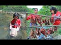 small girl saw head pig in the water &amp; take it for grilled|give to dog- Eating delicious