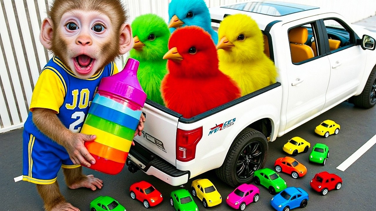 Bebé Mono BiBi aventura increíble con pollitos de colores autos de juguete y diversión sorpresa