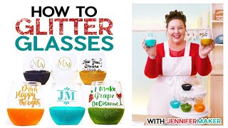 How to Glitter Wine Glasses with LESS MESS & Add Vinyl Decals!