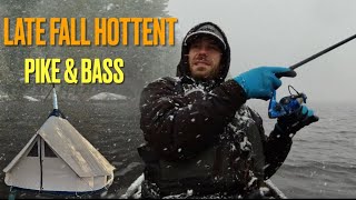 Late Fall Hot Tent Canoe Trip Fishing For Pike And Bass In Snow And Wind.