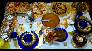 طاولة فطور أول رمضان 2020🌛وصفات اللحم المحمر وطاجين الحلو وسلطة ومملحة😋 وتحلية رائعة🍰 وسهرتكم عندي😘