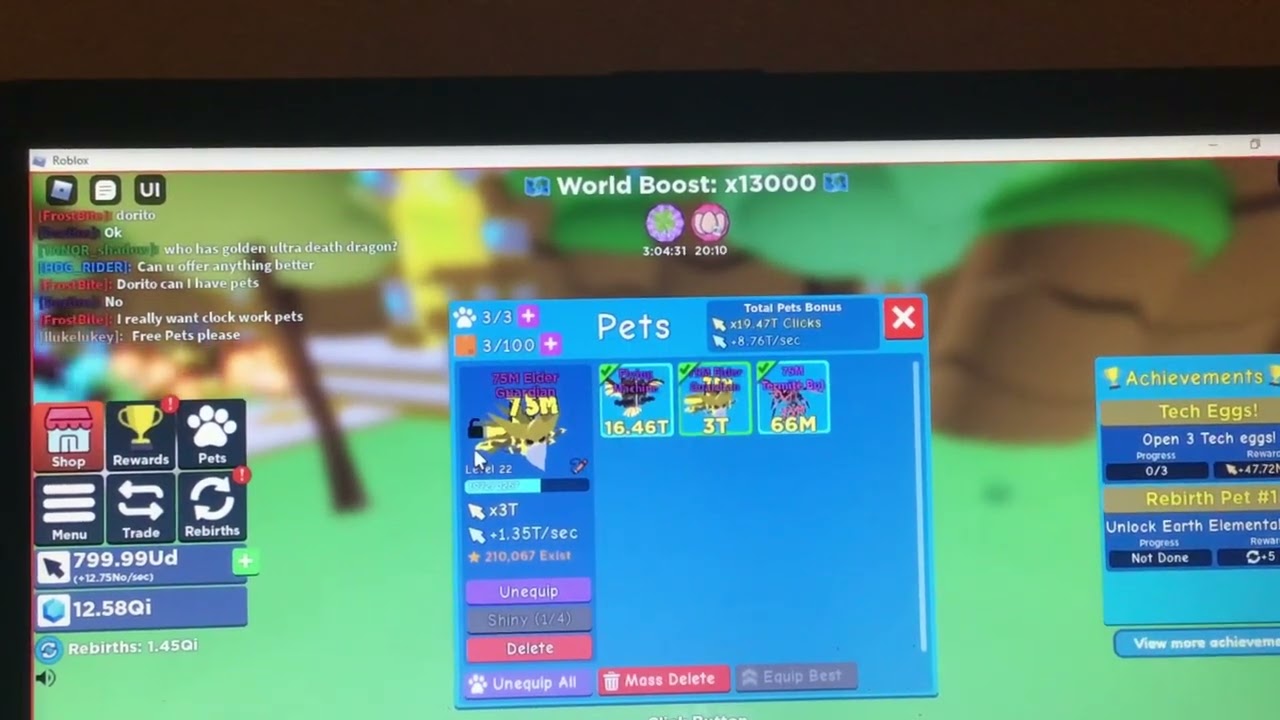 Guys I got the 75M Elder Guardian! Pet in Roblox clicking simulator.) 