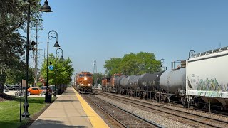 Helicopters, meets, wrong main running, 3 Amtrak Phase VII P42DCs, BNSF 25th anniv on a rush hour Z