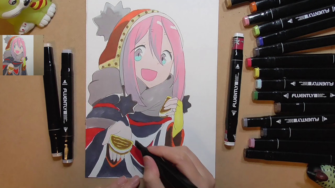ゆるキャン なでしこ 100均コピック風マーカー ダイソー と仕上げに色鉛筆で塗ってみたanalog Drawing Nadesiko Youtube