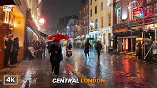 London Rain Walk Piccadilly Circus At Night Chinatown & Soho In Heavy Downpour 4K Asmr