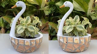Make And Creating Unique Beautiful Swan Using Tiles With Plastic Basin  Cement Pot Ideas