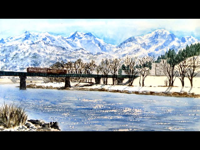 【真作】絵画　水彩8号　雪の山里　静謐な冬の風景　厳冬の日本風景画　X93 真作】絵画 水彩8号 雪の山里 静謐な冬の風景 厳冬の