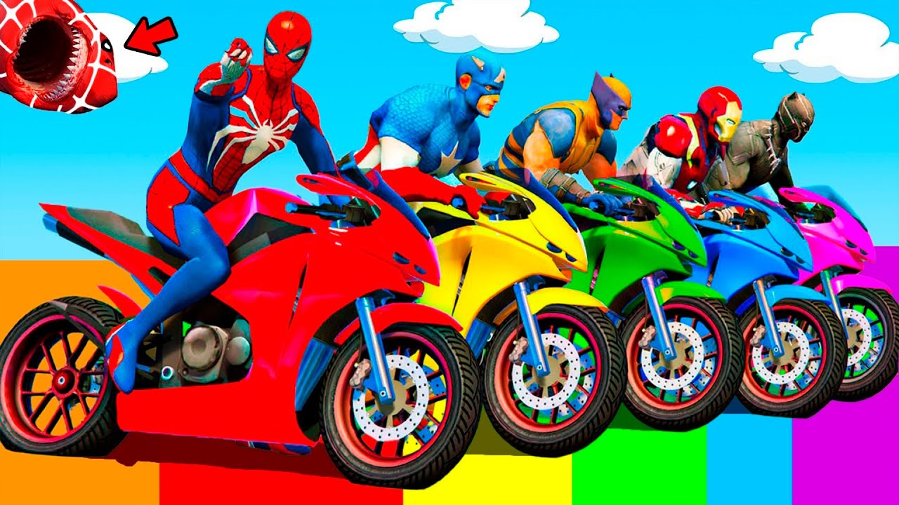 الأبطال الخارقين على القضبان دوامة قمع جسر 🏍️☄️SPIDER MAN!on Motorcycle in Spiral Bridge Stunt Ride