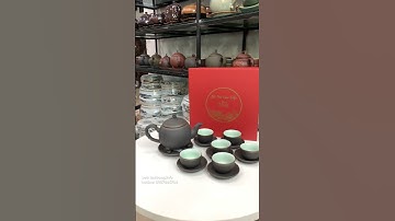 Bộ ấm chén dáng cây thông ghi chỉ đỏ gốm mộc cao cấp Bát Tràng