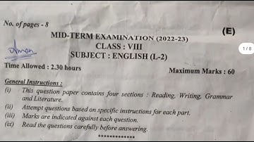 class 8 english paper solution 2022 ll english question paper answer key ll mid term exam 2022-23