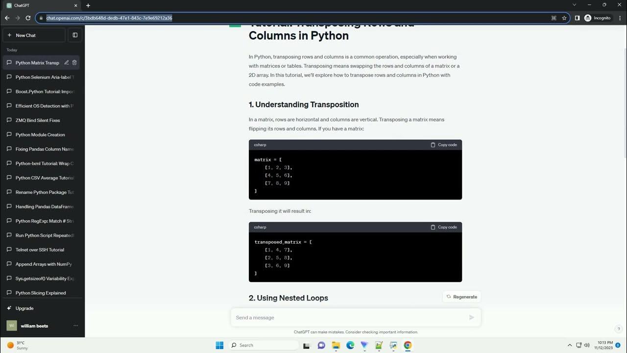 python transposing row and column - YouTube