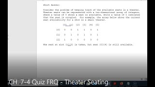 JAVA - Lesson #103 - APCSA - CH. 7-4 Practice Quiz Free Response Question - Theater Seating