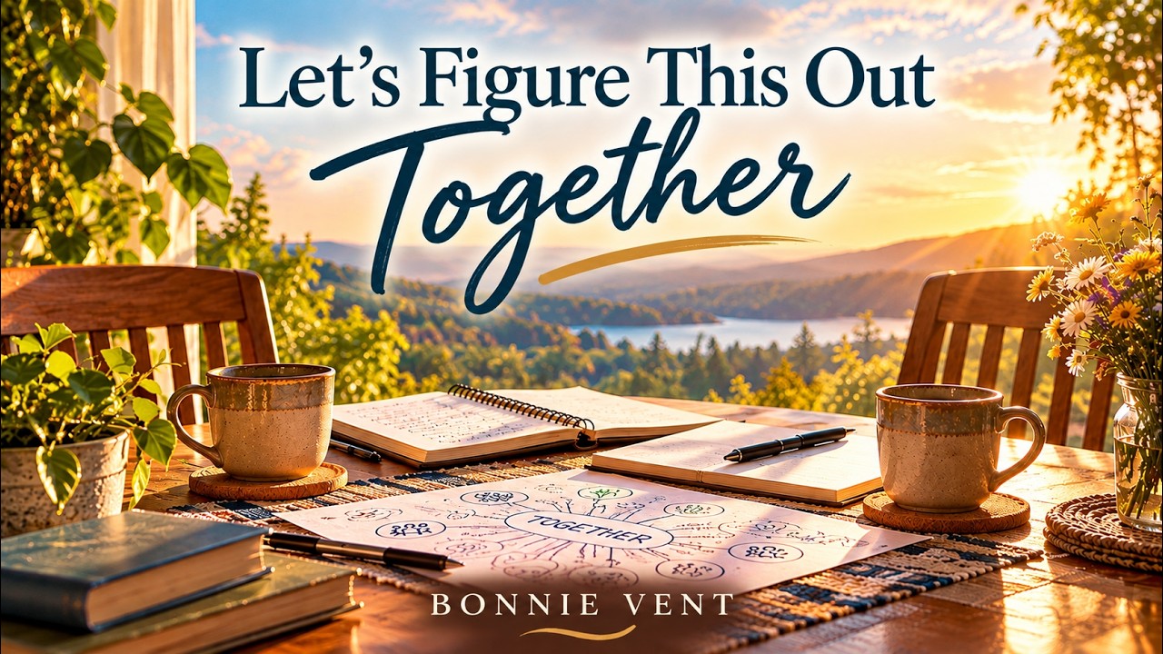 Let's Figure This Out Together by Bonnie Vent — sunlit table with two chairs, notebooks, and coffee mugs overlooking a peaceful landscape, symbolizing cooperation, shared ideas, and finding solutions together.