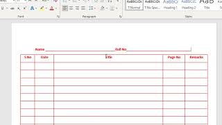 Ms Word Table create Notebook page