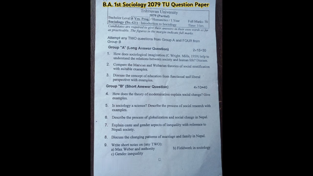 B.A.1st introduction to sociology partial exam tu Question Paper(So.421) 2079 tribhuvan university