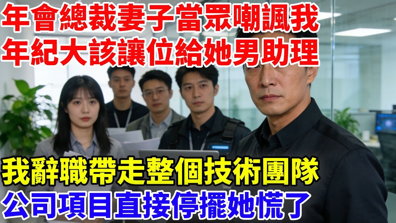 年會總裁妻子當眾嘲諷我年紀大該讓位給她的情人男助理，我微笑答應，辭職後帶走整個技術團隊，公司項目直接停擺#故事頻道#故事#職場故事