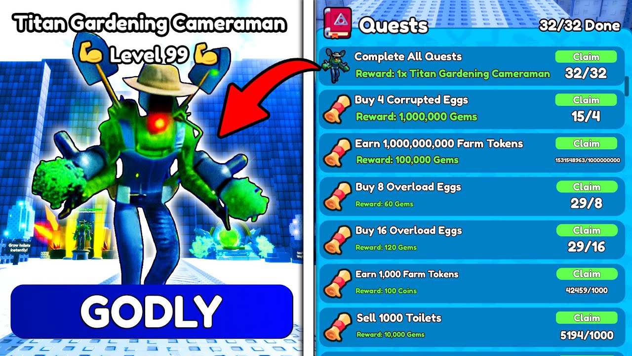 How To Complete ALL QUESTS in Grow A Toilet 🔥 I GET TITAN GARDENING CAMERAMAN - Toilet Tower Defense