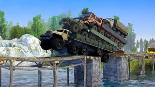 Insane Triple Truck Stack vs Broken Bridge - MudRunner Physics Experiment screenshot 2
