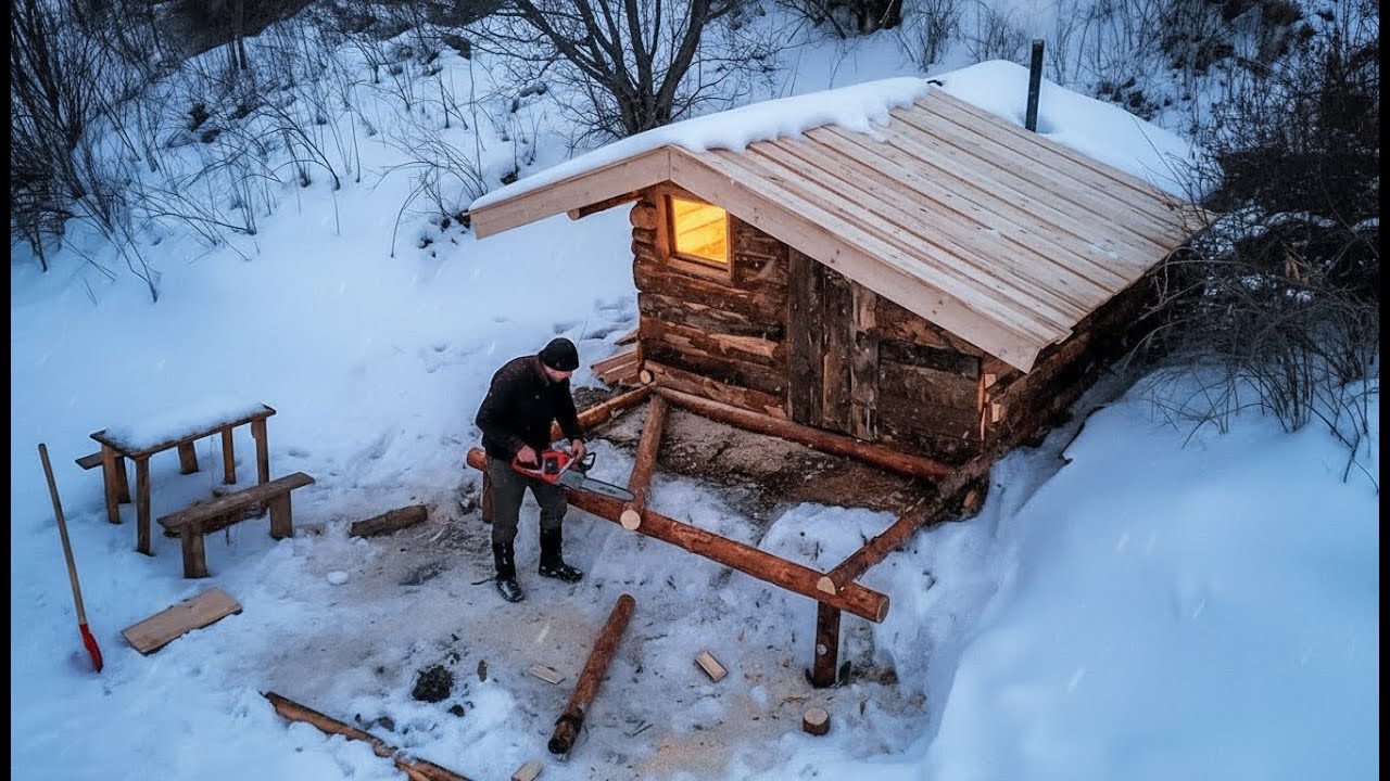 Man builds a wooden cabin alone deep in the forest | From Start to ...