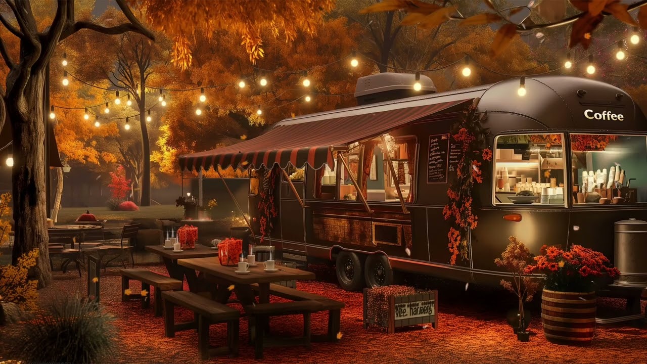 Cozy Autumn Ambience Coffee Shop Truck 🍁☕️ | Leaf Crunching Sounds for Deep Sleep and Relaxing [4k]