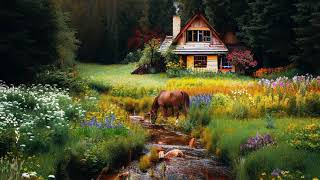 Horse drinking from fresh water creek on a fairy tale property