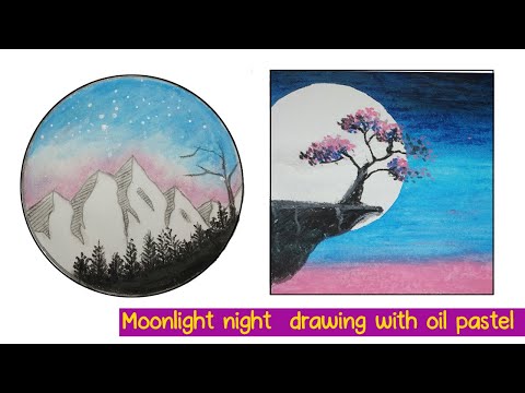 Easy Moonlight night scenery drawing with oil pastel | Mountain Drawing | Oil Pastel Drawing