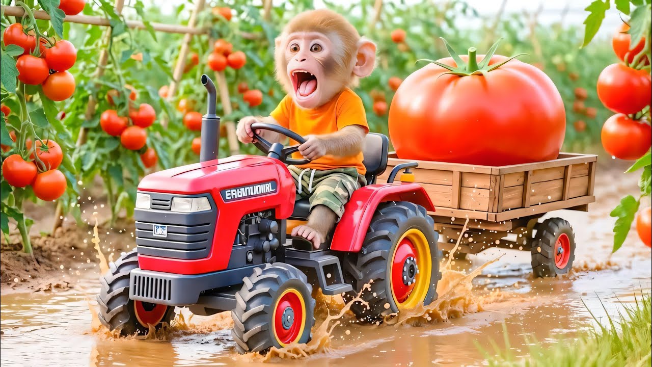 TuTi the monkey drives a tractor to harvest tomatoes and rebuild the tomato garden after the storm!
