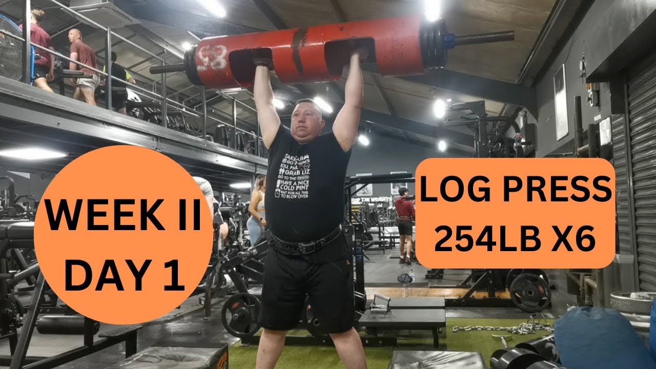 Week 2, Day 1 Log Push Press 115kg/254lb x6, Close Grip Incline Board