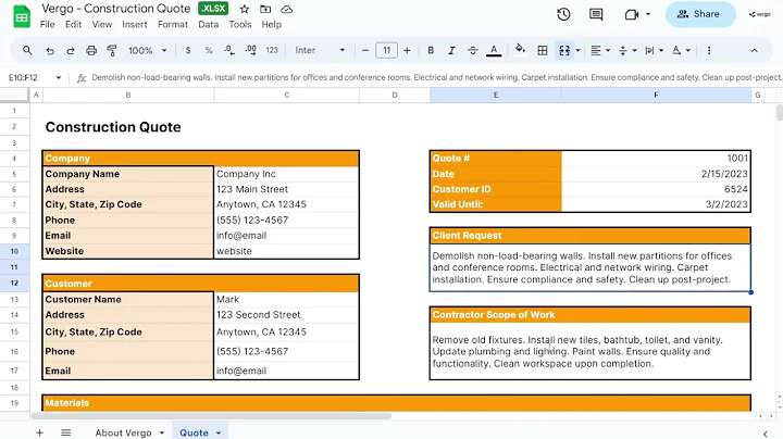 Vergo Construction Quote Template in Google Sheets