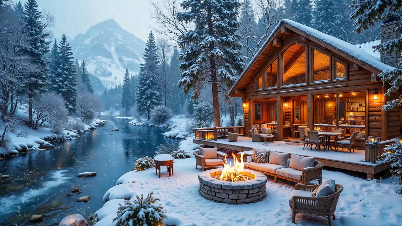 Relaxing Lakeside Cabin in Winter Ambience 🔥❄ Warm Piano Music to Studying, Working & Unwinding