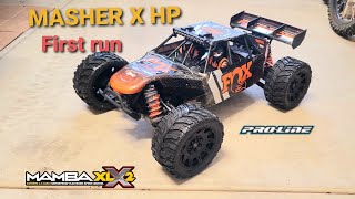 New Proline Masher X HP belted tires first true 5th scale test, blown tire! DBXL‐E 2.0 high power