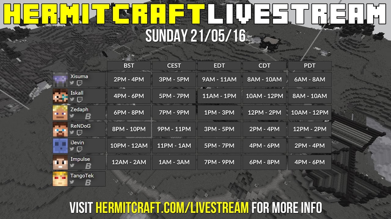 Hermitcraft Livestream Day http://www.twitch.tv/xisuma - Visit the website for links to all streams!