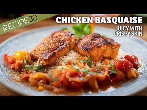 A one-pan crisp-skin chicken Basquaise recipe with peppers and chilies!