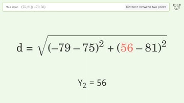 Find the distance between two points p1 (75,81) and p2 (-79,56): Step-by-Step Video Solution