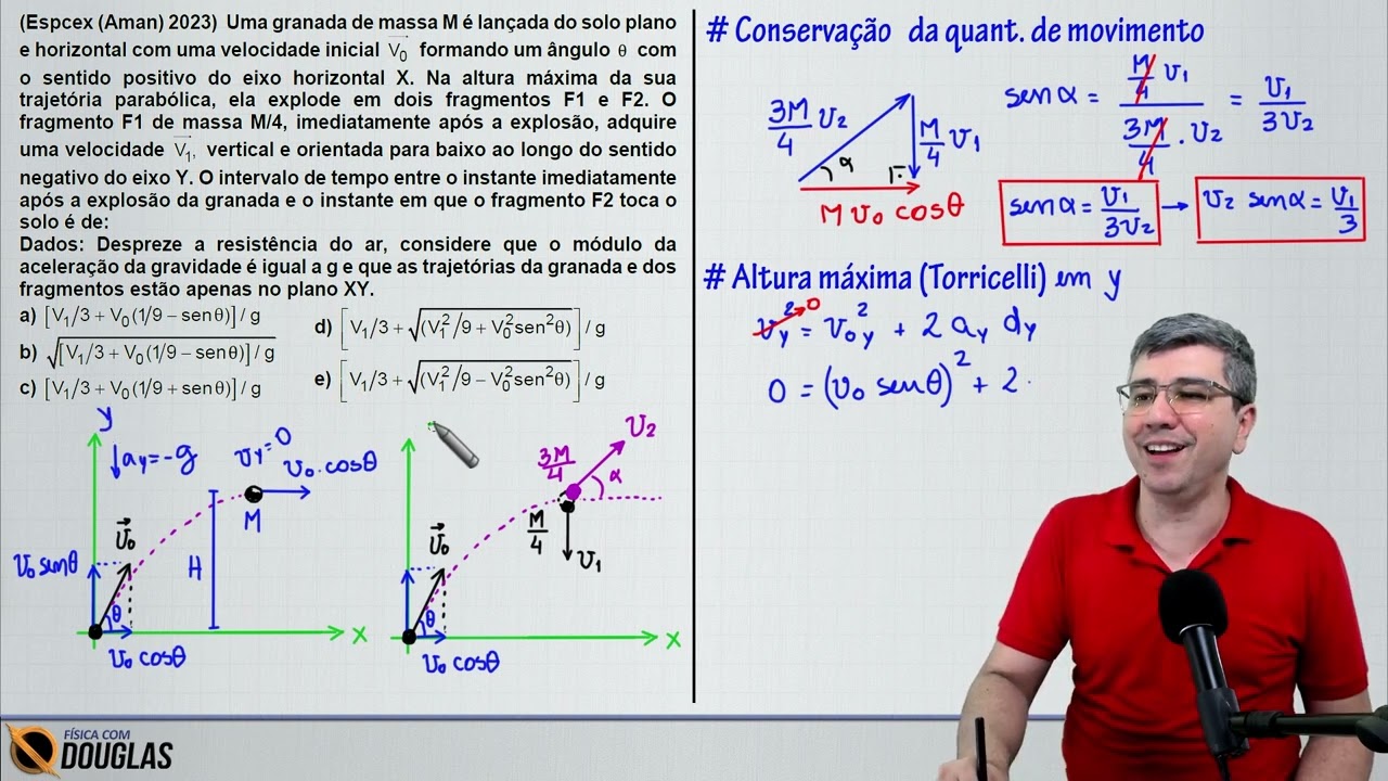 (Espcex 2023) Uma granada de massa M é lançada do solo plano e horizontal com uma velocidade inicial