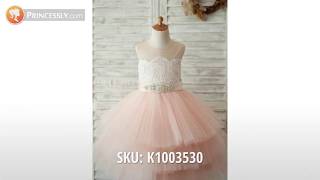 Sheer Straight Ivory Lace Peach Tulle Wedding Flower Girl Dresses | Princessly Dresses